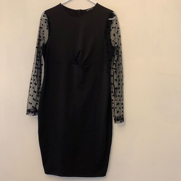 3/$30 Shein black dress with sheer long polka dot sleeves. Size L Length 36” - Picture 1 of 7